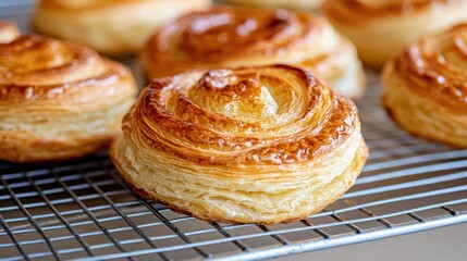 Freshly baked pastries cooling on a wire rack, showcasing a golden, flaky texture.