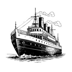 Fototapeta premium Steamship sketch engraving black and white outline. Scratch board imitation. 