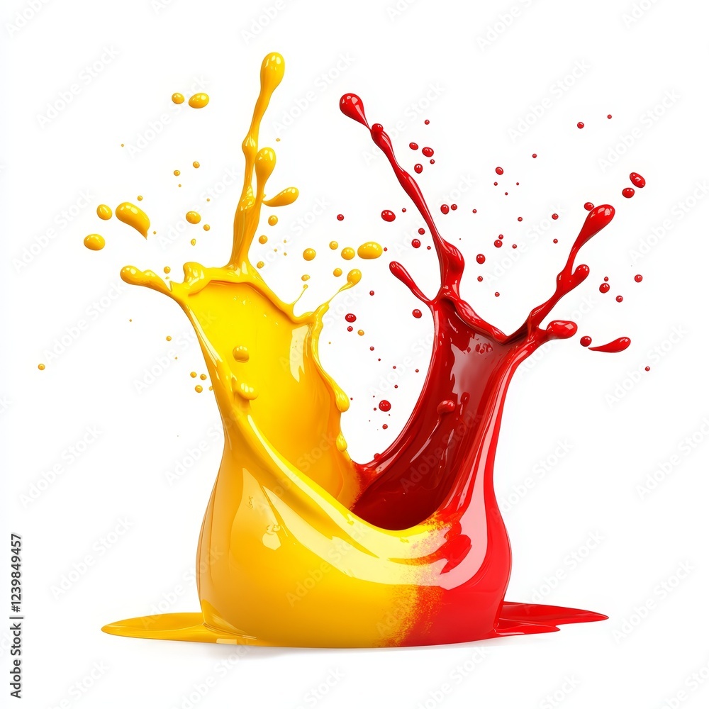 Poster red and yellow paint splashes collide, creating a vibrant, dynamic artwork against a white backgroun