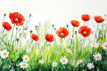 Fototapeta premium red poppies on green background