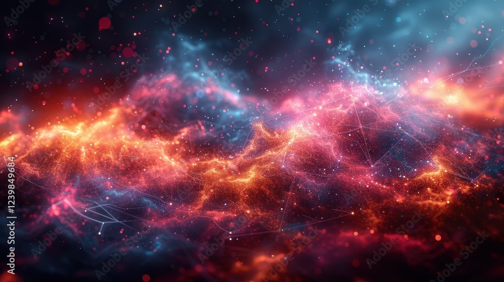 Poster vibrant cosmic nebula with abstract glowing patterns and starry background