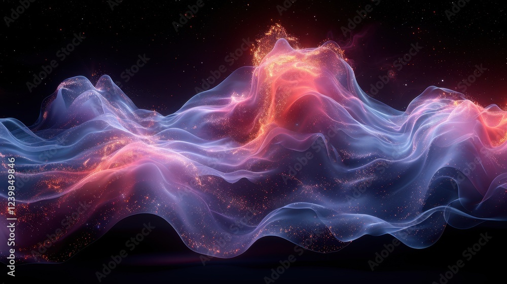 Poster glowing abstract waves with vibrant multi-color light effects on dark background
