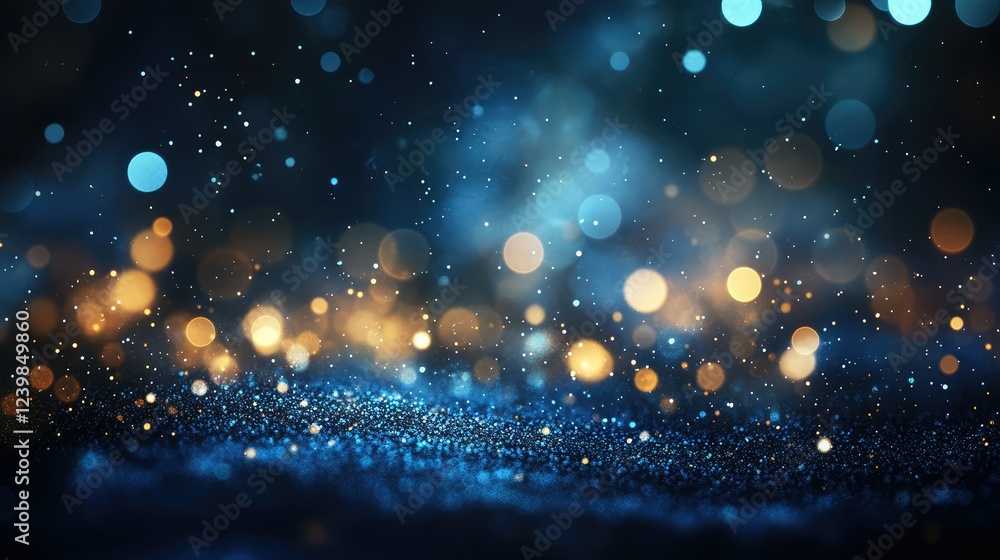Poster beautifully blurred sparkling background with shimmering lights and colorful bokeh in blue and gold 