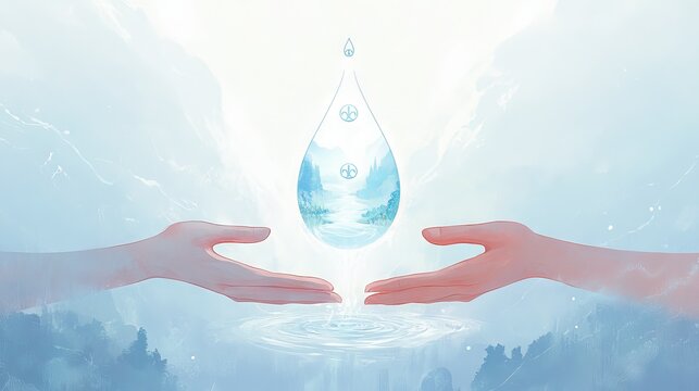 124.A minimalist design showing two hands reaching out toward a single glowing waterdrop, which contains a tranquil scene of rivers and forests. The backdrop features faint peace symbols and a soft