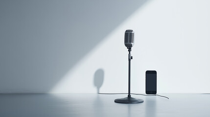 One clean, white wall with a single, old-fashioned microphone, silent, next to a smartphone