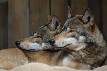 Obraz premium Two Wolves Resting Together Showing Affection