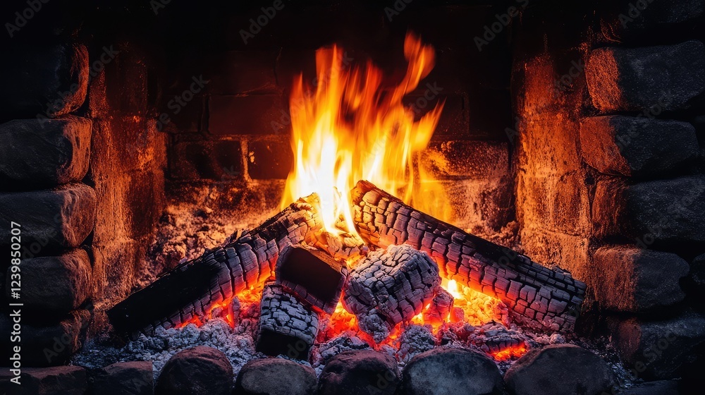 Aufkleber warm and cozy fireplace scene with bright flames and burning logs in a rustic setting creating a com