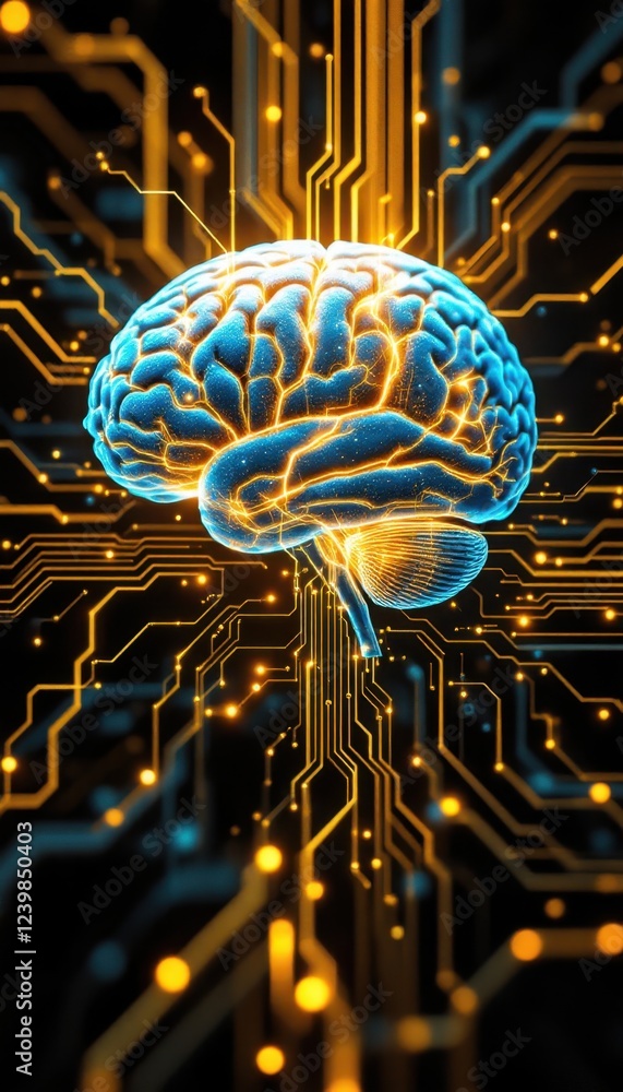 Poster glowing neural network brain with circuitry in a digital conceptual artwork