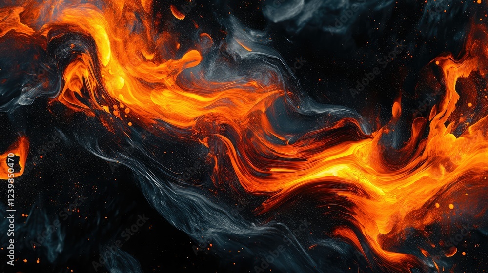Poster abstract lava flow on dark background, dynamic swirls of orange and black, textured surface creating