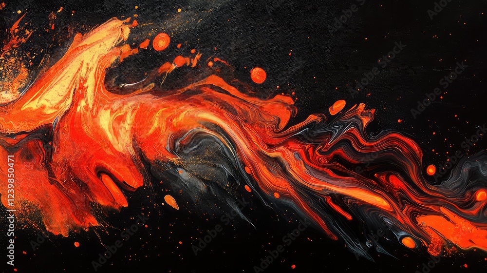 Poster abstract red and black fluid art design with vibrant swirls, drips and textures representing energy 