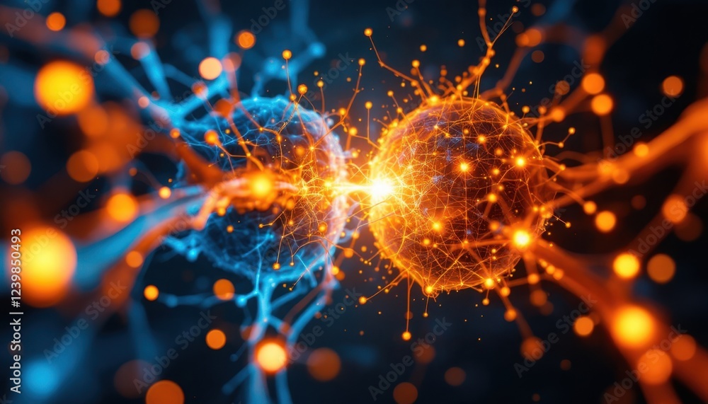 Poster bright and dynamic collision of blue and orange neural networks