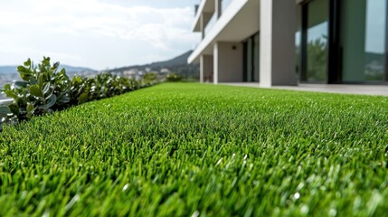 A close-up view of artificial grass on a balcony with a modern building backdrop.