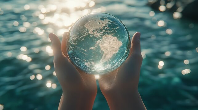 19.A pair of hands carefully holding a 3D-rendered glass globe immersed halfway in the ocean. The globe reflects a map of Earth, while the surrounding waters shimmer with sunlight and defocused