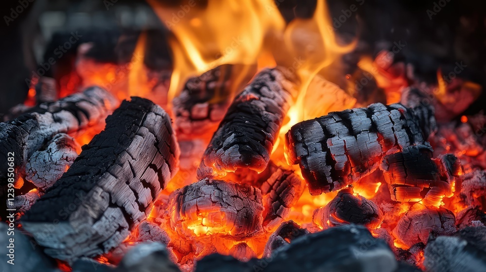Poster glowing coals in a bonfire creating a warm and inviting atmosphere with flickering flames and bright