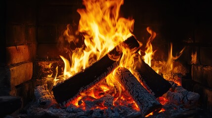 Intense Flames Dancing Among Logs in a Cozy Fireplace Creating a Warm and Inviting Atmosphere for Winter Evenings and Relaxation at Home