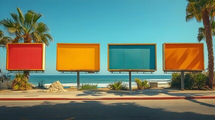 Four colorful billboards are on a beach near the ocean