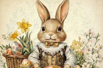 Easter Bunny with Flowers and Decorated Eggs
