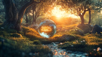 Fototapeta premium 28.A picturesque landscape with the year 2025 formed from natural elements like grass, trees, and water streams. A glowing transparent globe floats above the scenery, symbolizing the harmony between