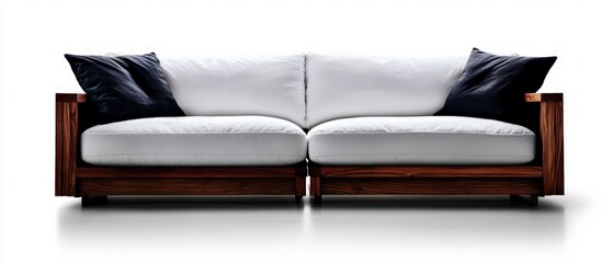 Modern Wooden Sofa with White Cushions and Dark Pillows