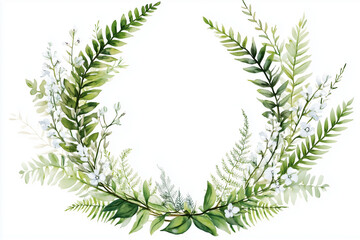 watercolor painting green ferns and willow branches laurel wreath on white background