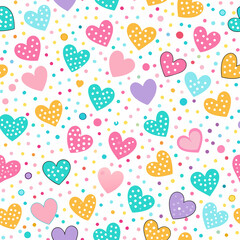 Here's a  and keyword list for your image.. Colorful polka dot hearts seamless pattern.