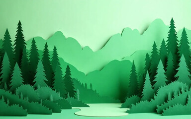 Fototapeta premium A green layered diorama papercut forest depicting a peaceful and serene landscape, perfect for art and craft decoration.