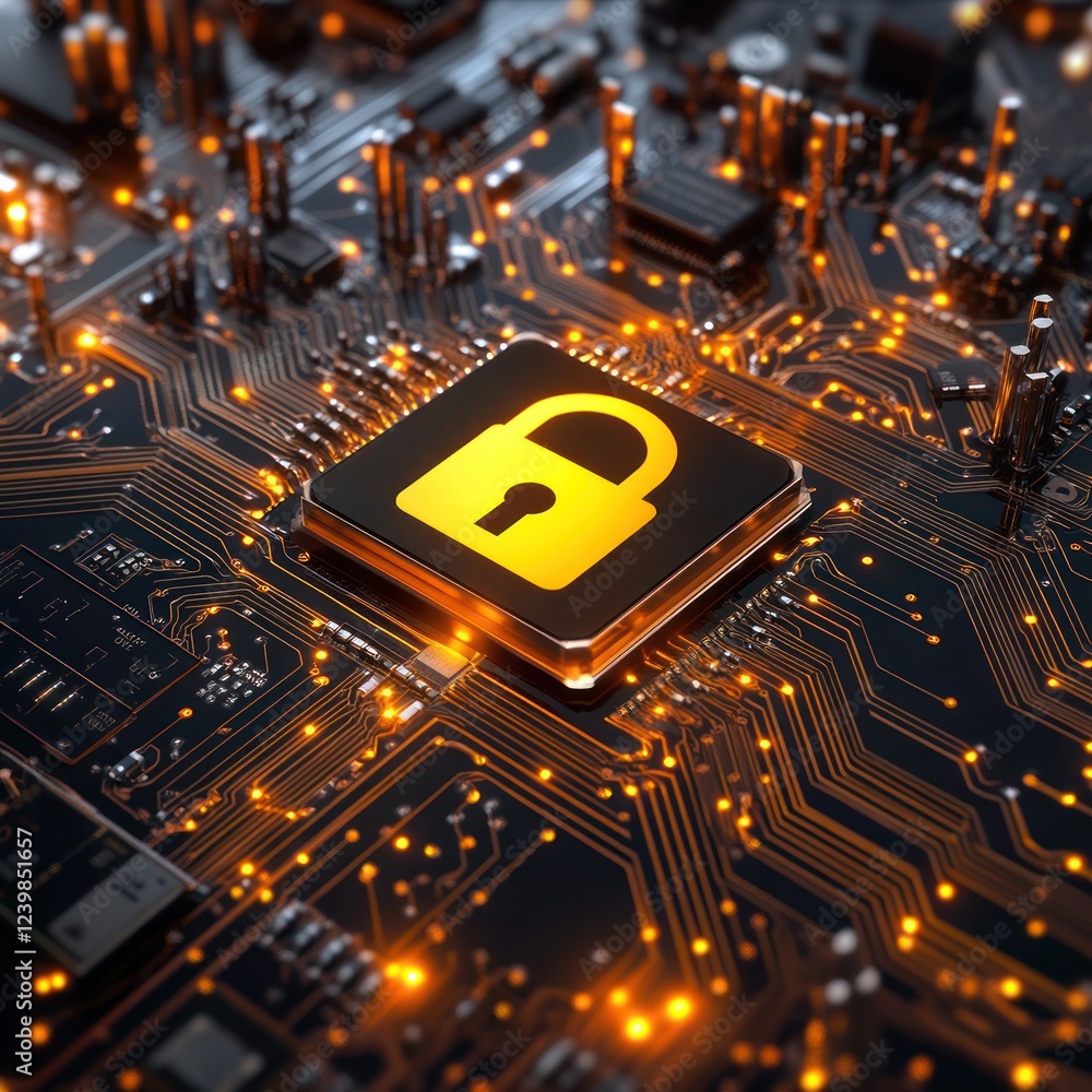 Poster glowing lock symbol on circuit board for cybersecurity. use for web safety