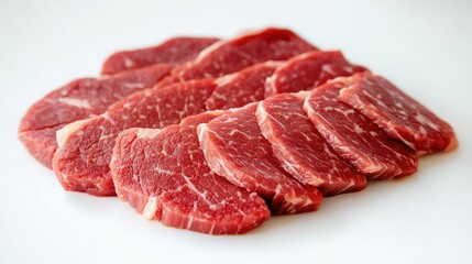 Fototapeta premium Fresh Slices of Raw Beef Steak with Intricate Marbling Arranged on a Clean White Background for Culinary Presentation and Cooking Inspiration