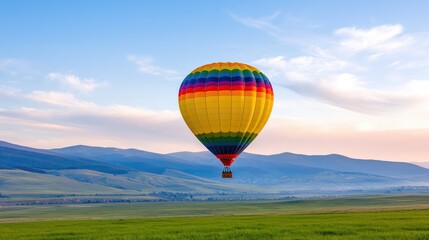 Obraz premium Colorful hot air balloon soaring over serene mountain valley at sunrise
