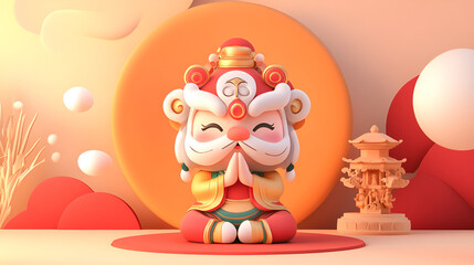 Adorable Chinese Guardian Lion: A charming 3D render of a seated Chinese guardian lion, adorned in vibrant red and gold, with a serene expression and hands clasped in a gesture of greeting or prayer.