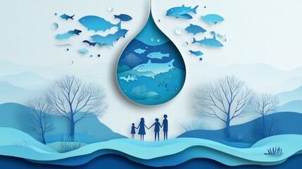 Naklejka premium 115.A serene paper art illustration of a family standing on a hill surrounded by trees, holding hands under a giant waterdrop in the sky. The drop is intricately layered with ocean textures and fish