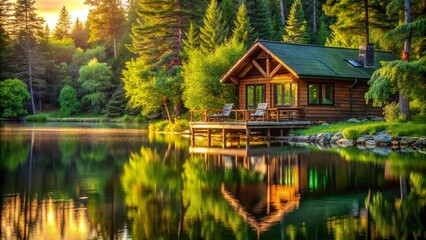 Obraz premium Serene Lakeside Cabin Retreat: Summer Vacation Getaway
