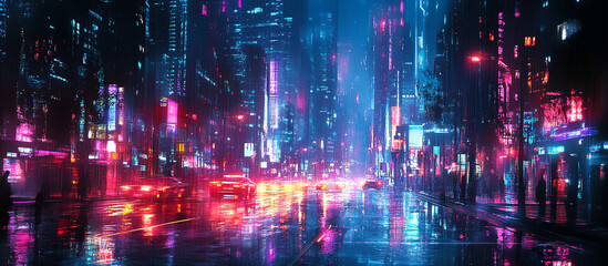 Obraz premium Futuristic City with Red Neon Lights Generated image