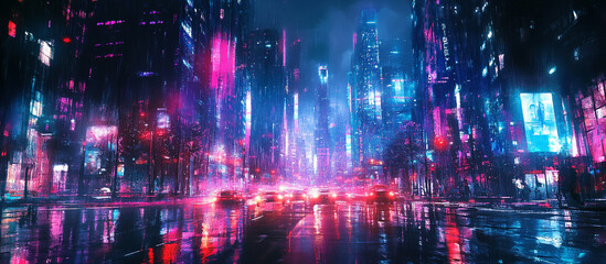Obraz premium Futuristic City with Red Neon Lights Generated image