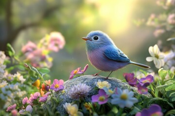 A Pastel Bird Perched on a Rock Amidst Blooming Flowers