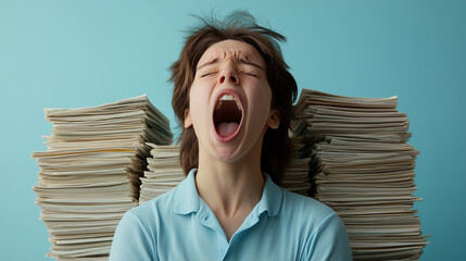 One person yawning in front of a stack of newspapers, showing fatigue