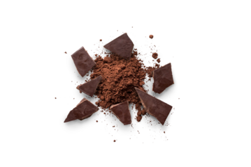 Broken organic dark chocolate bar and chocolate powder isolated on a transparent background with shadow from above, top view, png