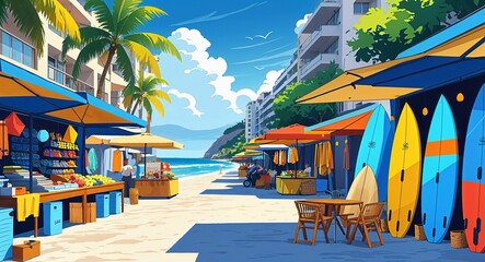 Vibrant street by the shore with outdoor beach markets and surf rentals illustration