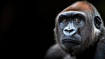 Fototapeta premium Gorilla portrait, dark background, zoo habitat, wildlife conservation