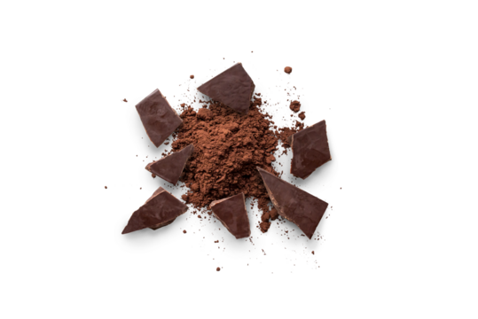 Broken organic dark chocolate bar and chocolate powder isolated on a transparent background with shadow from above, top view, png