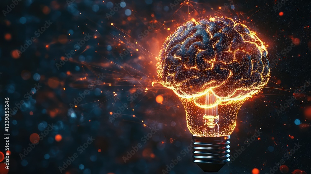 Poster creative concept of a brain visualization inside a light bulb representing innovative ideas and inte