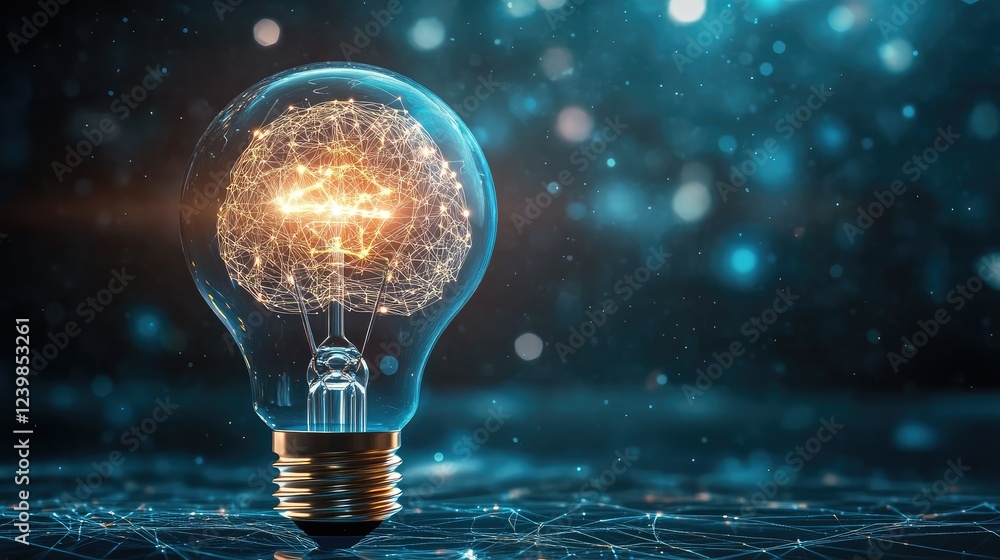Poster innovative concept of light bulb with neural network brain and abstract technology background repres