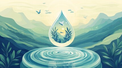 125.A symbolic vector art depicting a waterdrop floating above a serene landscape of rivers and hills. Within the drop are peace icons like doves and olive branches, surrounded by ripples radiating