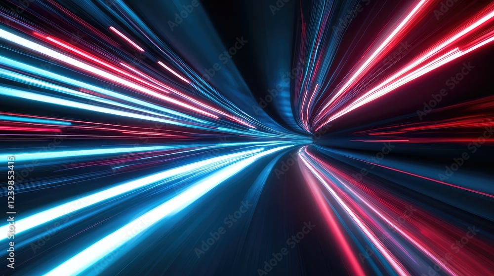 Poster dynamic light trails emphasizing speed and movement, showcasing vibrant neon colors of red and blue 