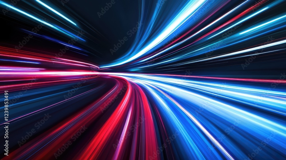 Poster vibrant light trails and neon colors representing motion and speed in a futuristic abstract scene wi