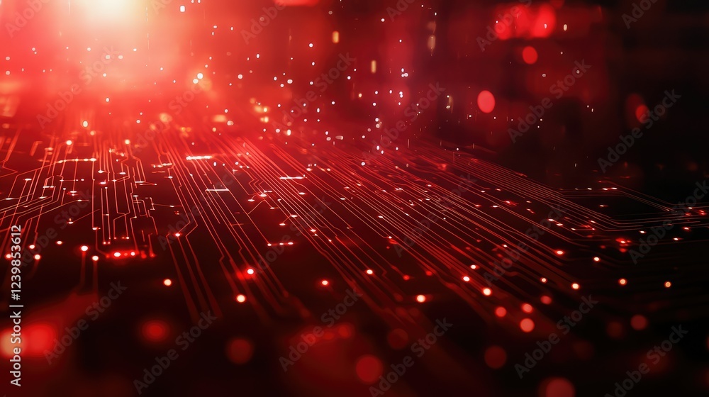 Poster abstract red digital circuitry background with glowing particles and light flares for technology and