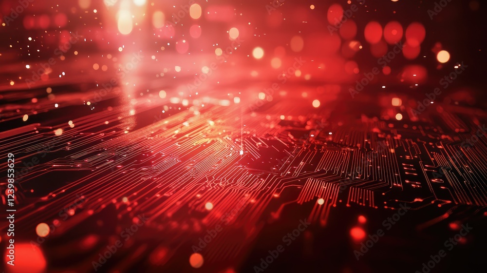 Poster abstract image of technology circuitry with red light effects and bokeh sparklers background in a di