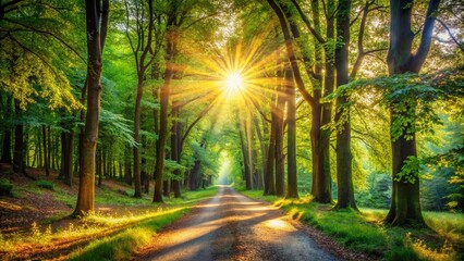 Obraz premium Serene Woodland Path: Sunlight Dappled Forest Trail Stock Photo
