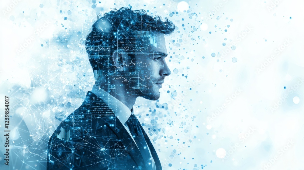 Poster businessman in suit with digital forex chart double exposure isolated on white background stock phot