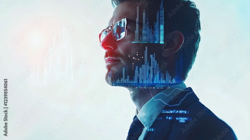 Poster businessman in suit with digital forex chart double exposure isolated on white background stock phot